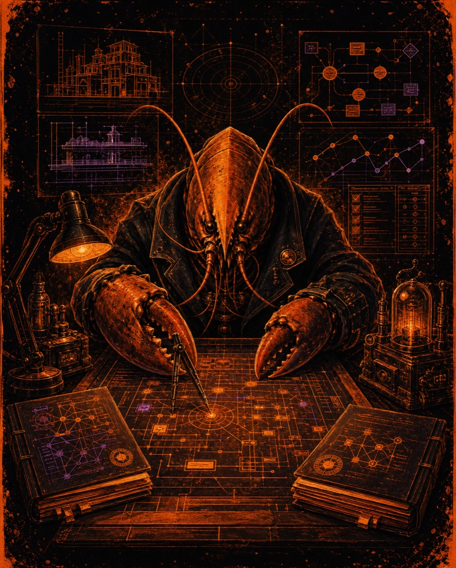 C3 design architect lobster drafting a complex MiniClaw plan with rollback paths and verification diagrams
