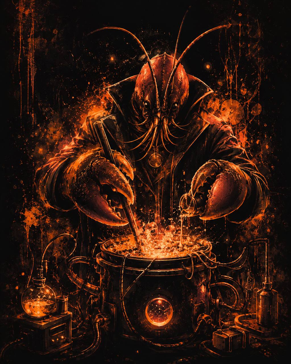 A cinematic lobster operator working over a glowing machine