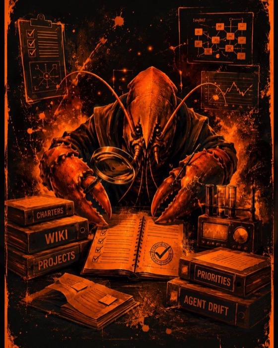 Q3 QA auditor lobster reviewing MiniClaw charters, wiki, projects, priorities, and agent drift