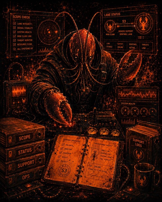 S3 support sentinel lobster monitoring lane integrity, system health, support logs, and operational status